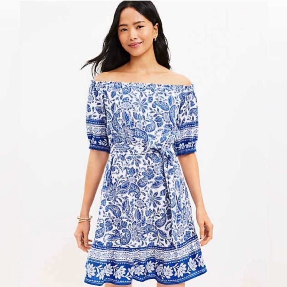LOFT Paisley Blue and White Off-Shoulder Dress